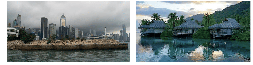 City skyline with cloudy sky and waterfront on the left; tropical huts over water with mountain backdrop and palm trees on the right.
