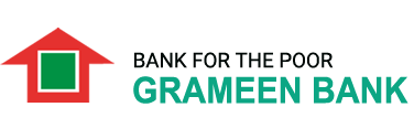 Grameen Bank logo featuring a red house icon with a green square and the text "Bank for the Poor Grameen Bank" in black and green.
