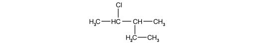 Chemical structure of 2-chloro-3-methylbutane showing carbon and hydrogen chains with one chlorine atom bonded to the second carbon atom.