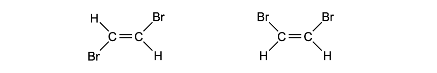 Two structural formulas of dibromoethene isomers showing C=C with opposite and adjacent bromine atoms, indicating geometric isomerism.