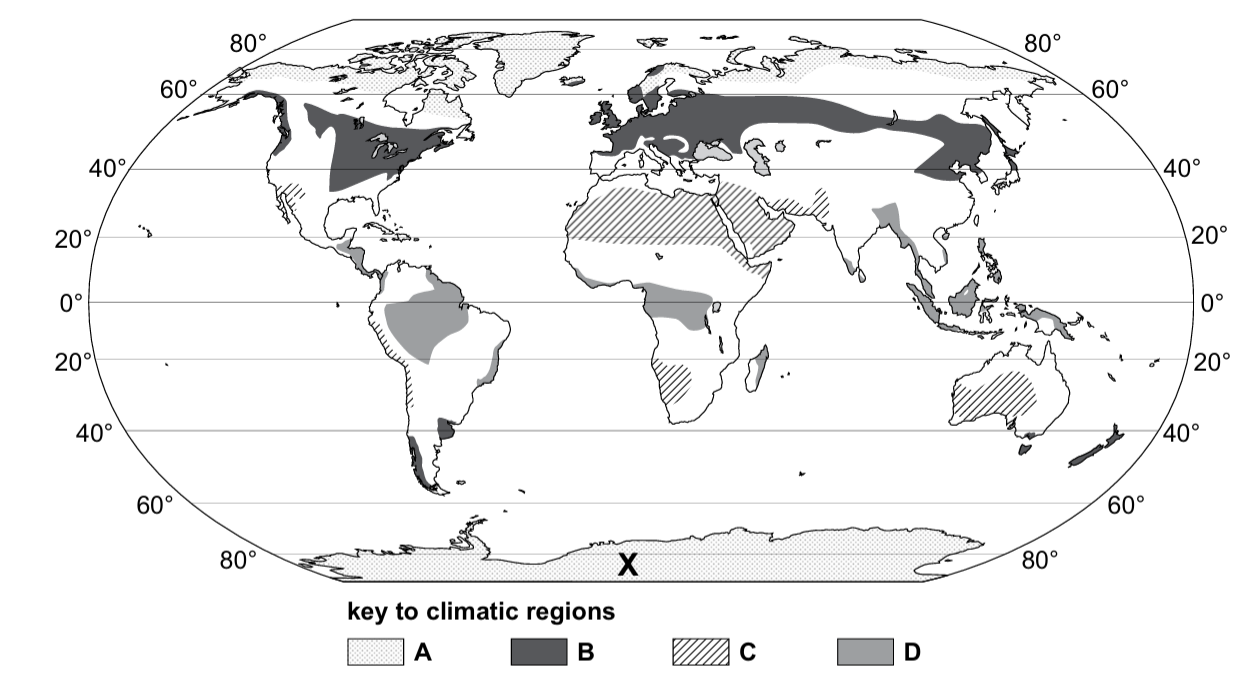 World map showing climatic regions: A (dotted), B (dark), C (striped), D (light). Includes various global zones and a key, latitude lines marked.