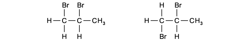 Two structural formulas of 2,3-dibromobutane showing different stereoisomers. Each carbon is bonded to hydrogen, bromine, and methyl group.