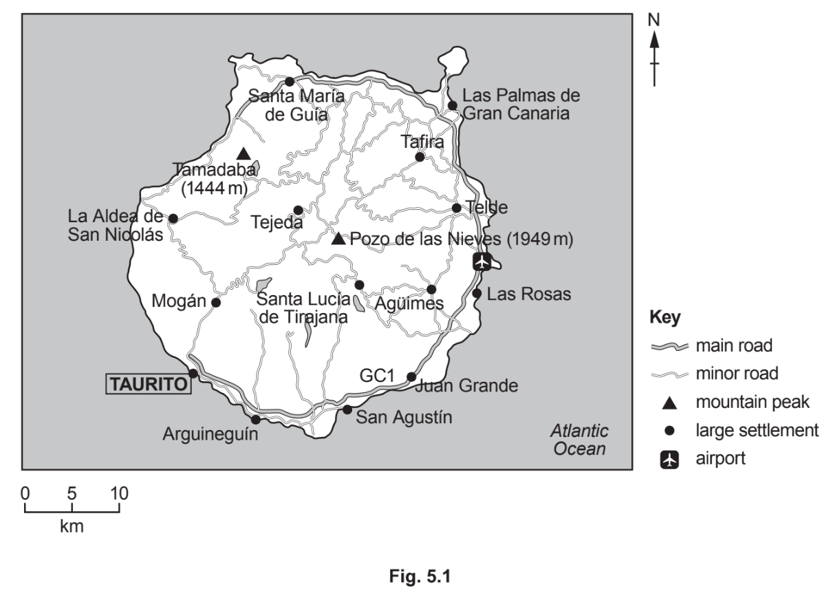 Map of Gran Canaria showing main roads, minor roads, mountain peaks, large settlements, and airport. Key and scale included. North orientation indicated.