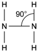 Structural formula of hydrazine showing two nitrogen atoms bonded with a 90-degree angle. Each nitrogen is bonded to two hydrogen atoms.