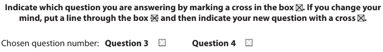 Form with instructions to mark a question choice. "Question 3" and "Question 4" are options, with boxes for marking; "Question 4" is marked.