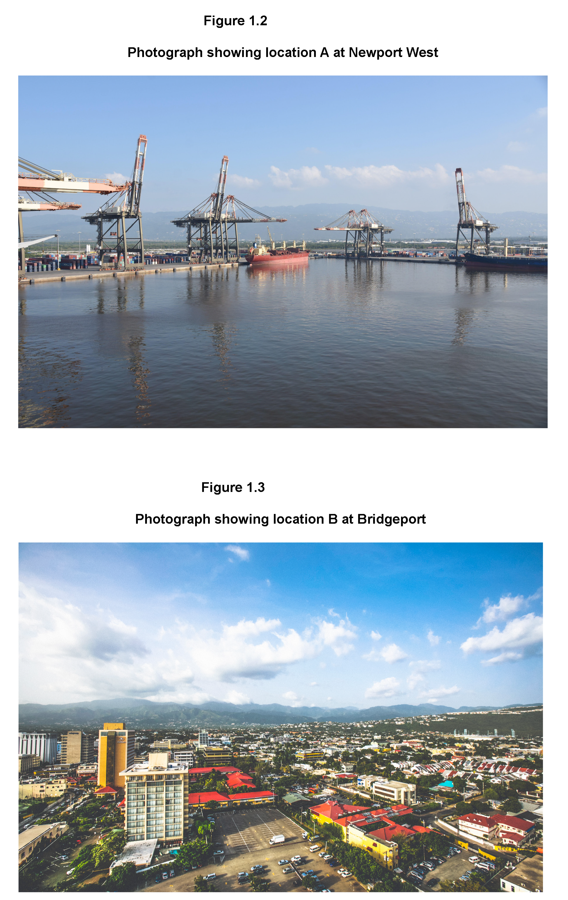 Top image: Newport West port with cranes and cargo ship on a sunny day. Bottom image: Aerial view of Bridgeport with buildings and mountains in the background.