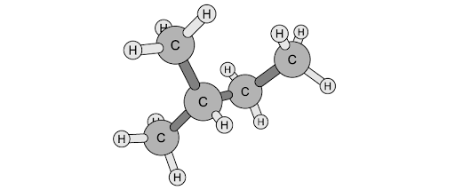 Ball-and-stick model of isopentane molecule, showing carbon (C) and hydrogen (H) atoms connected, illustrating its branched structure.