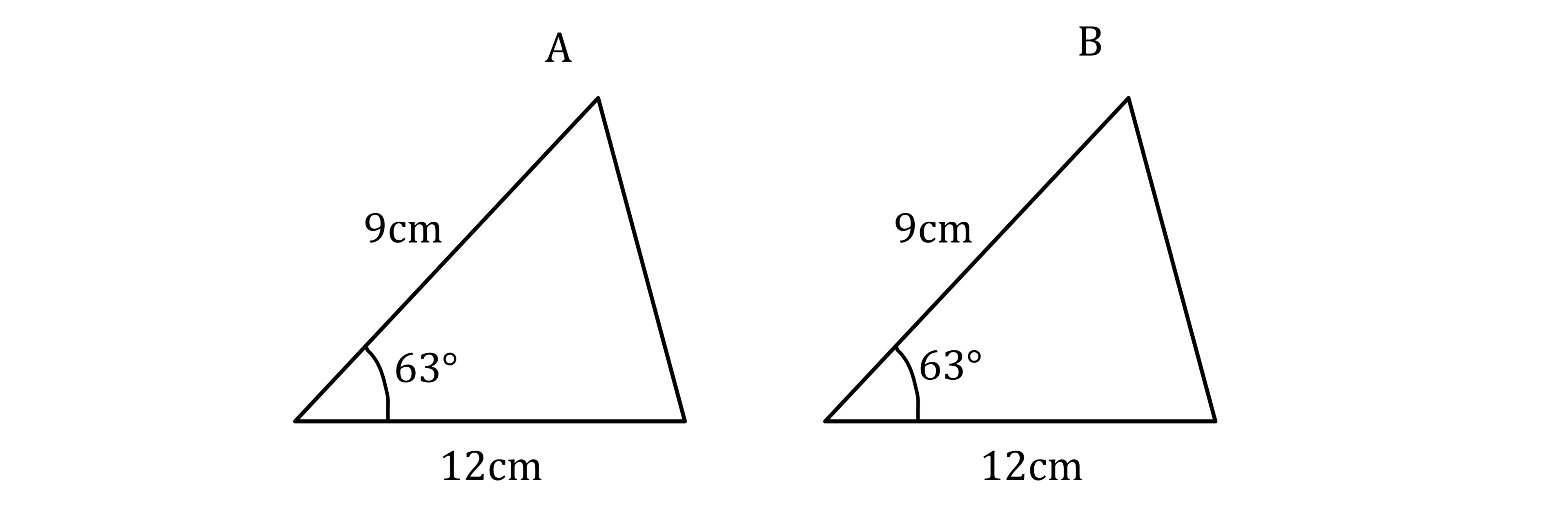 Two labelled triangles, A and B. Each has sides measuring 9cm and 12cm, and an angle of 63 degrees between them.