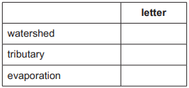 Table with two columns; the header titled "letter" is above three rows containing the words "watershed," "tributary," and "evaporation."