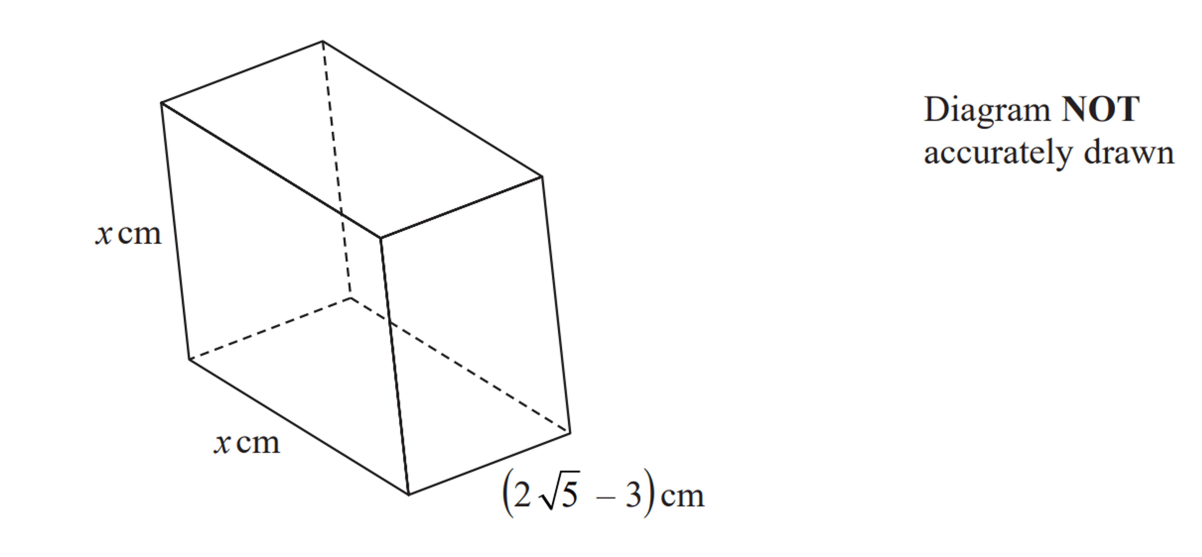 3D rectangular prism diagram with dimensions x cm by x cm by (2√5 - 3) cm. Text indicates the diagram is not drawn to scale.