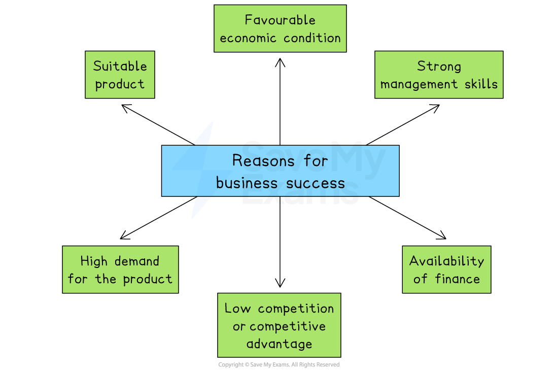 Flowchart titled "Reasons for Business Success" with factors: favourable economic condition, strong management skills, suitable product, high demand, low competition, finance.