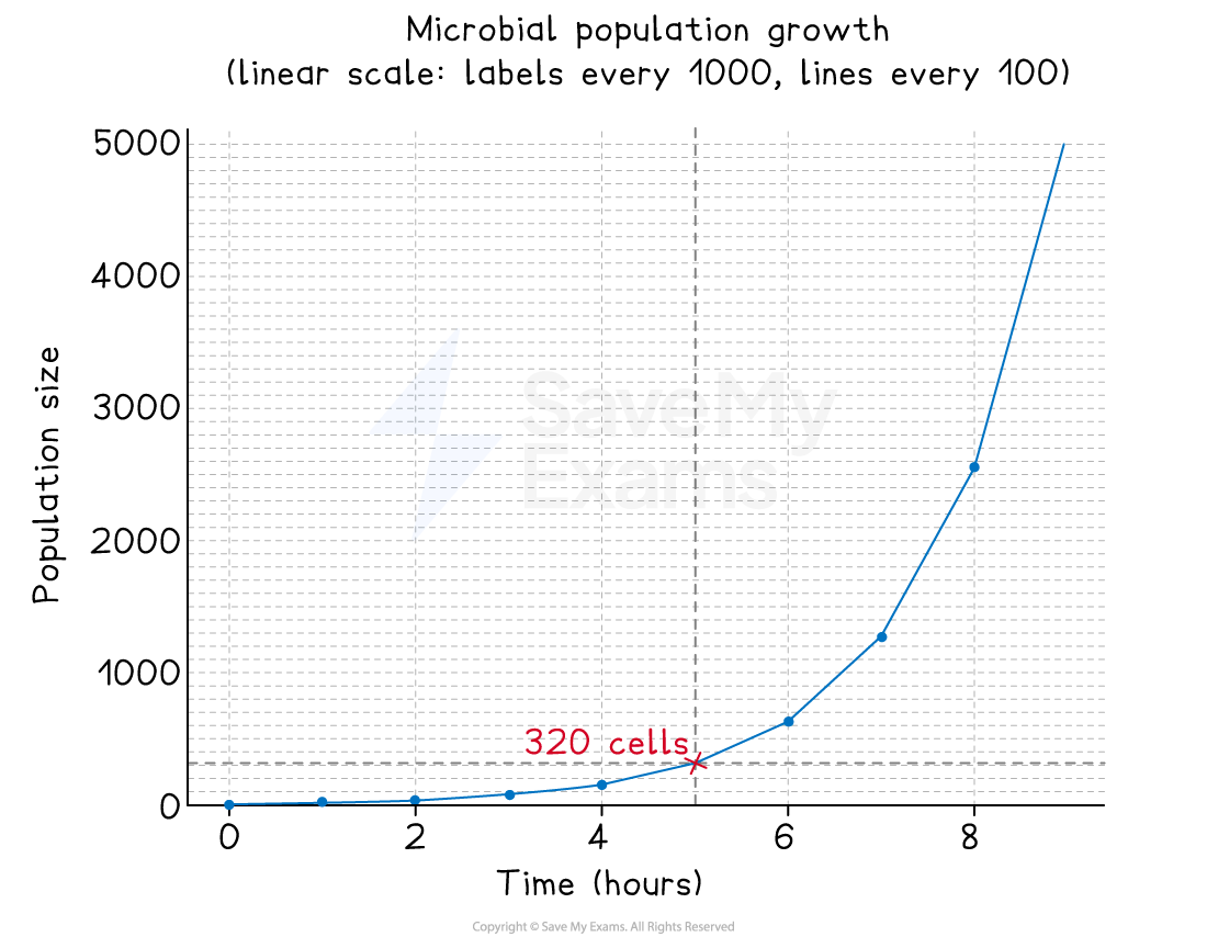 Graph showing microbial population growth over 10 hours; population size on the y-axis and time on the x-axis with an upward trending yellow line.