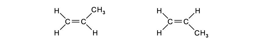 Two ethene molecules with a double bond between carbon atoms. Left: CH3 group above right carbon. Right: CH3 group below right carbon.