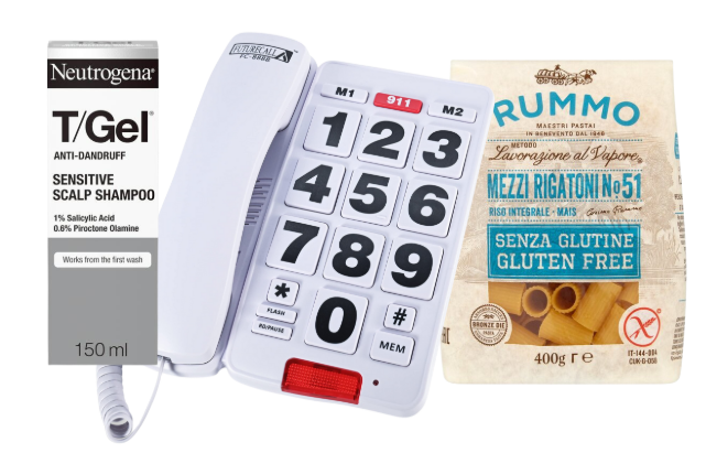 Neutrogena T/Gel shampoo, corded phone with large buttons, and Rummo gluten-free mezzi rigatoni pasta package placed side by side.