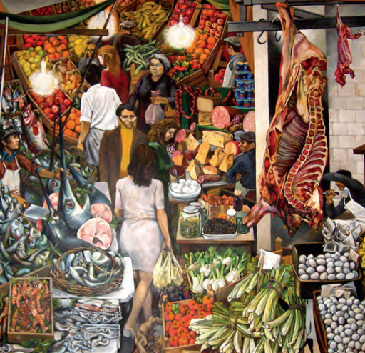 A bustling market scene with people shopping for fresh produce, fish, and meat. Stalls display vegetables, fruit, cheeses, and a hanging side of beef.