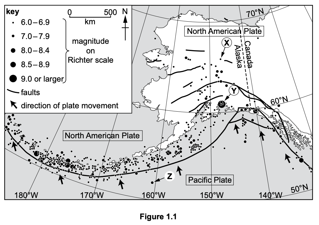 Map showing earthquake magnitudes and tectonic plates in Alaska. Includes faults, plate boundaries, and movement directions on the Richter scale.
