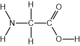 Chemical structure of glycine, showing atoms connected by bonds: NH2 group linked to CH2, connected to a carboxyl group (COOH) on the right.