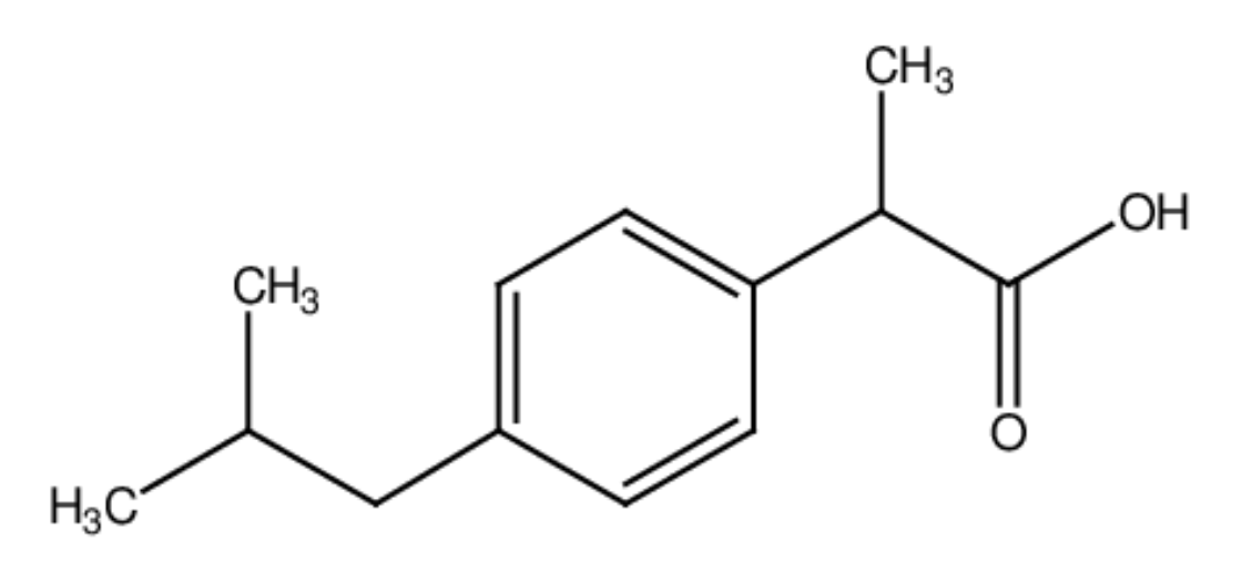 Chemical structure diagram of ibuprofen, featuring a benzene ring attached to a carbon chain with methyl groups and a carboxylic acid group.