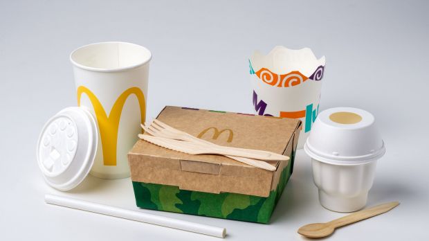 Assorted fast-food packaging including a paper cup, cup lid, chip holder, cardboard box, ice cream cup with lid, wooden cutlery, and straw.