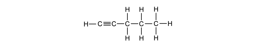 Chemical structure showing 5 carbons in a chain with a triple bond between carbons 1 and 2. All other bonds are C-H bonds.