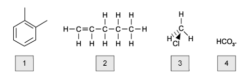 Four chemical structures labelled 1 to 4: methylbenzene, hexatriene, chloromethane, and bicarbonate ion, each shown in boxes.