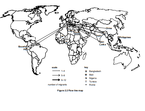 Flow line map showing migration to Rome from countries like Bangladesh, Nigeria, and China. Arrows indicate migration numbers with varying thickness.
