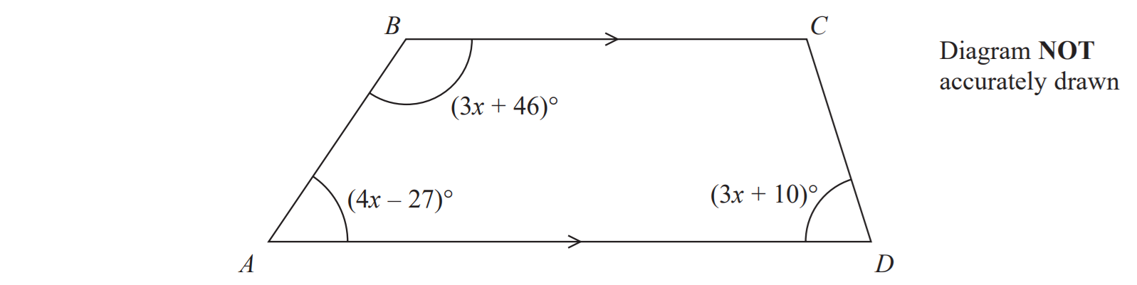 Parallelogram ABCD with angles: ABC (3x + 46)°, ADC (3x + 10)°, BAD (4x - 27)°. Note added that diagram not accurately drawn.