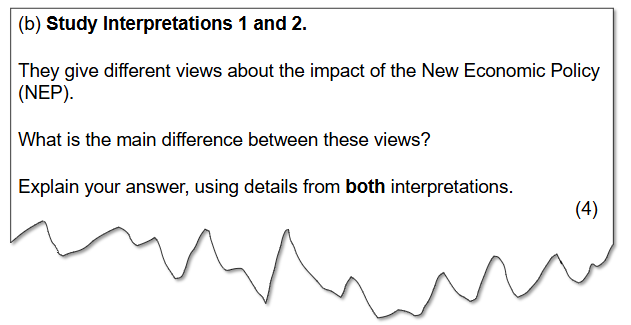 Exam question asking for the main difference between two interpretations about the impacts of the New Economic Policy, with a four-mark allocation.
