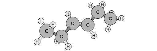 Diagram of hexene molecular structure, showing carbon (C) and hydrogen (H) atoms linked, depicting a six-carbon hydrocarbon chain with a double bond.