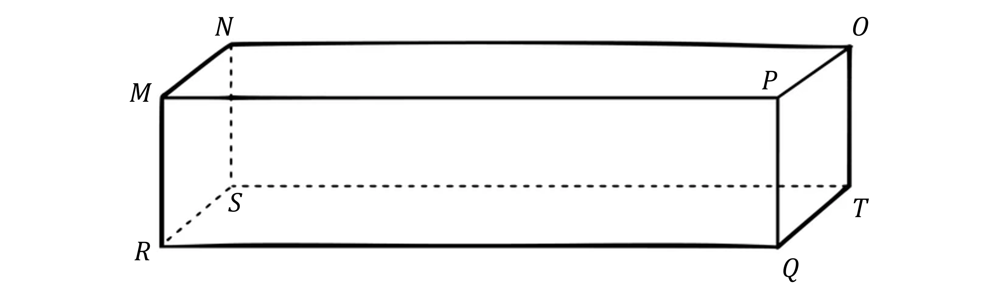 Rectangular prism labelled with vertices: M, N, O, P on top; R, S, T, Q on bottom.