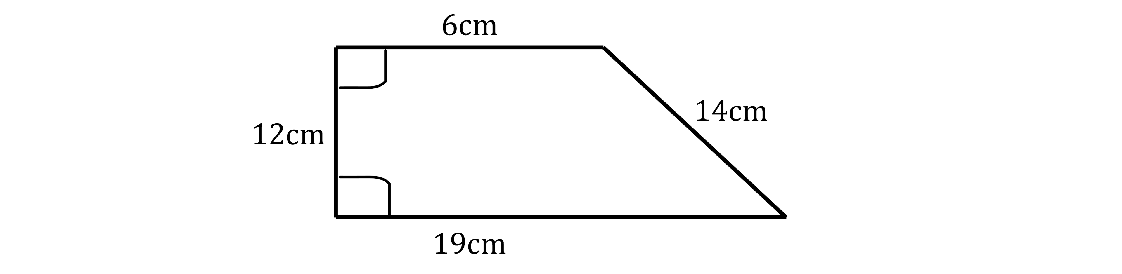 Trapezium with heights 12cm, 14cm and bases 19cm, 6cm, featuring two right angles on the left side.
