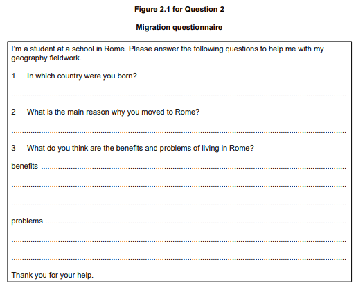 Migration questionnaire with questions about birthplace, reasons for moving to Rome, and benefits and problems of living in Rome.
