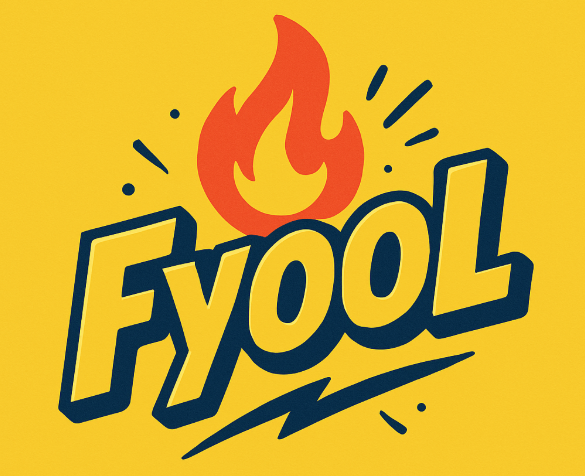 Bold stylised text "Fyool" with a red flame icon above it, underlined with a blue lightning bolt, on a bright yellow background.