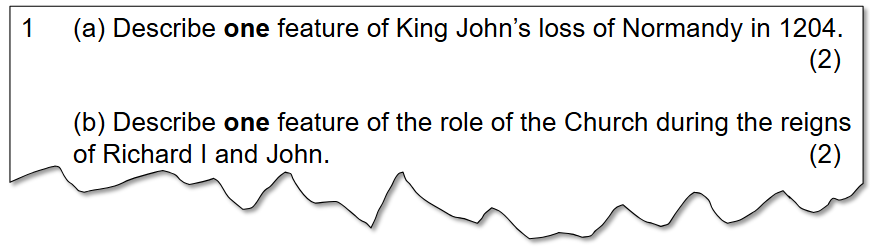 Exam questions asking features of: King John's 1204 loss of Normandy and the Church's role during Richard I and John's reigns, each worth two marks.