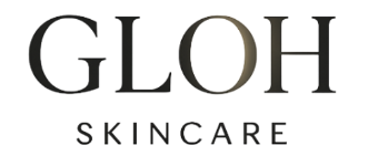 GLOH Skincare logo with bold black letters. The letter "O" in GLOH features a subtle golden crescent, resembling a partial eclipse.