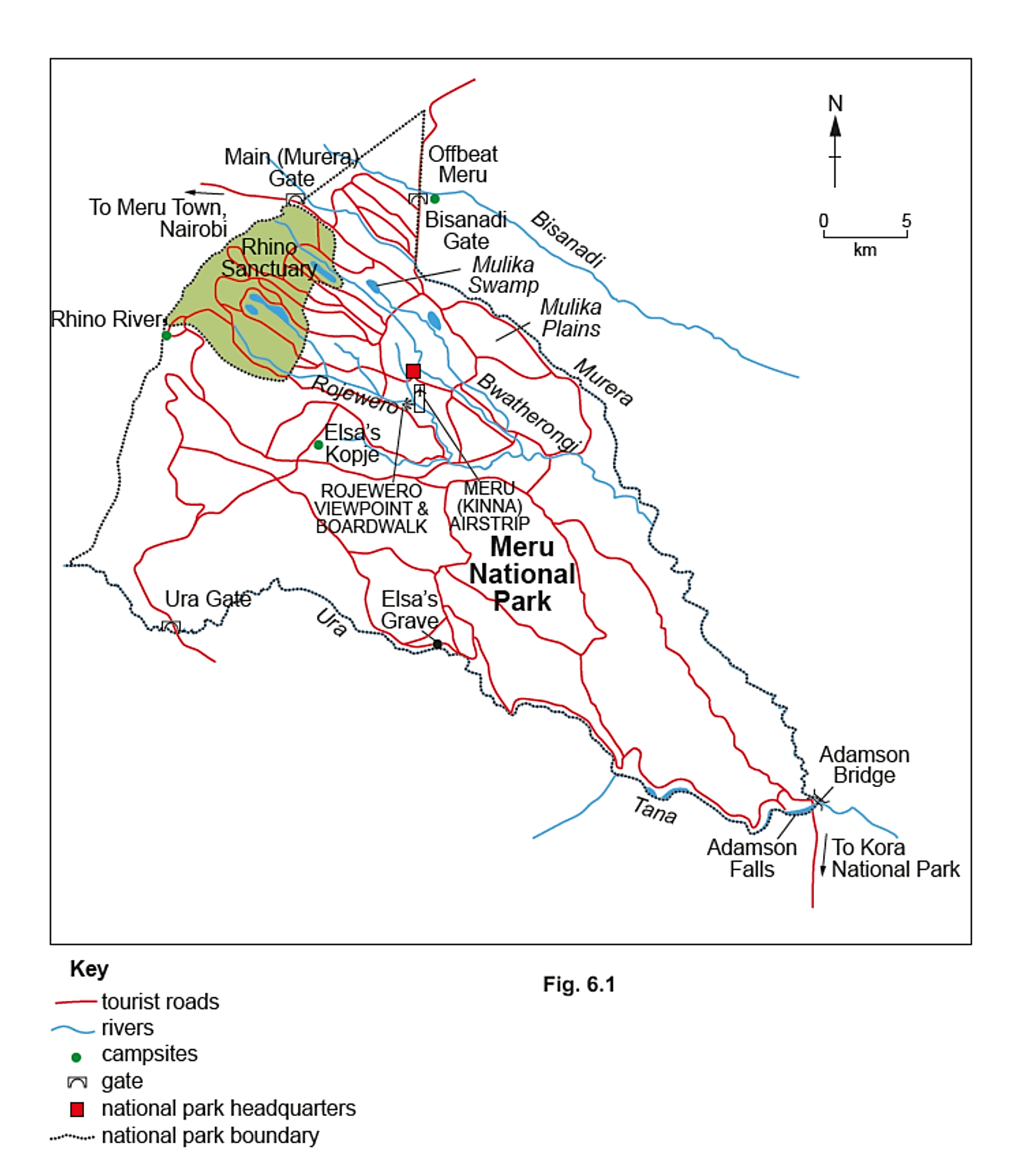 Map of Meru National Park showing tourist roads, rivers, campsites, gates, Rhino Sanctuary, and key locations like Elsa's Kopje and Adamson Falls.