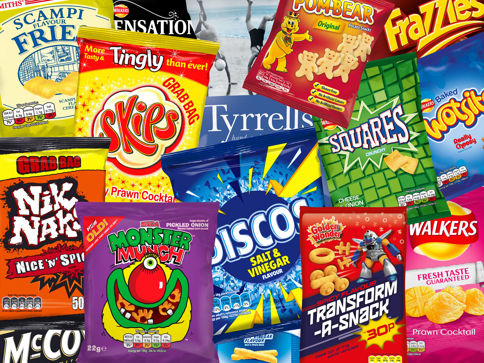 A collage of various crisp packets displaying different brands and flavours, such as cheese, prawn cocktail, and salt and vinegar.