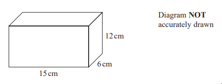 Rectangular prism with dimensions: length 15 cm, width 6 cm, height 12 cm. Note states "Diagram NOT accurately drawn" on the right.