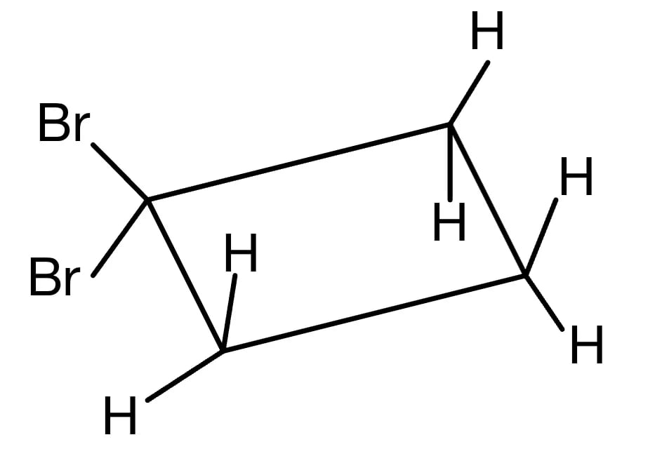 Cyclohexane molecule with two bromine atoms attached on one carbon and six hydrogen atoms on others, depicted in a 3D stick model.