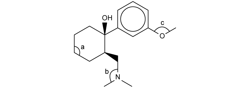 Chemical structure diagram featuring a hexagonal carbon ring with OH, amine group, and methoxy group labelled a, b, and c respectively.