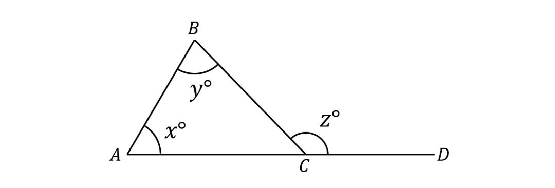 Triangle ABC with angles x° at A, y° at B, and adjacent angle z° at C on line segment CD.