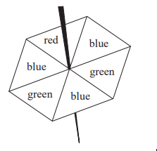 Hexagonal spinner divided into six equal sections labelled red, blue, blue, green, green, blue, with an arrow pointing to the top red section.