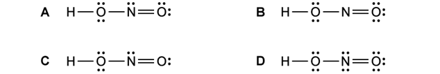Four Lewis structures of HNO2 with labels A to D, showing different arrangements of atoms and lone pairs around nitrogen and oxygen atoms.