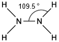Structural formula of hydrazine showing two nitrogen atoms bonded with a 109.5-degree angle. Each nitrogen is bonded to two hydrogen atoms.