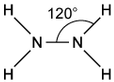 Structural formula of hydrazine showing two nitrogen atoms bonded with a 120-degree angle. Each nitrogen is bonded to two hydrogen atoms.