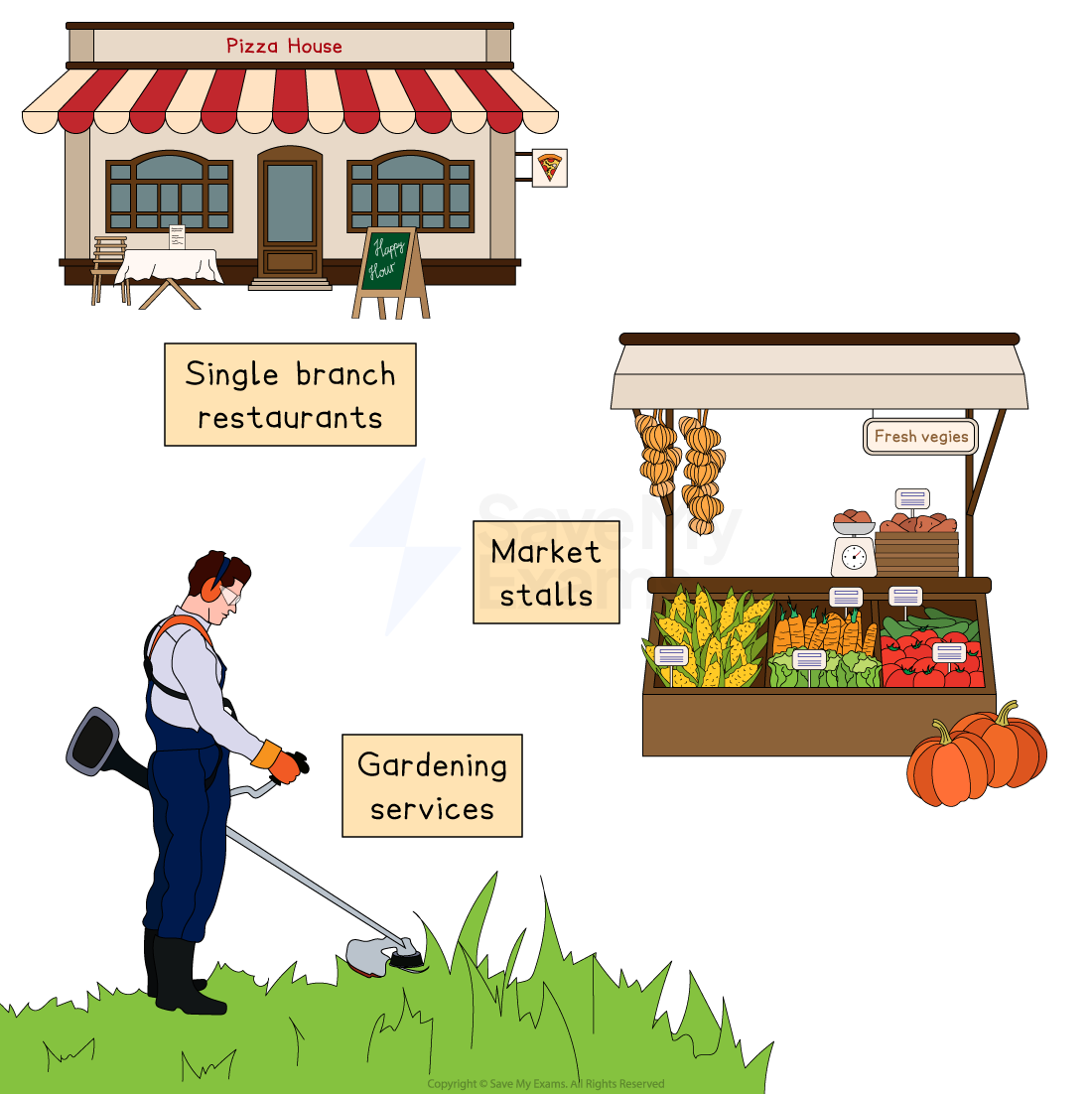 Illustration of a pizza restaurant, gardener mowing grass, and a market stall with vegetables. Labels: "Single branch restaurants," "Market stalls," and "Gardening services."