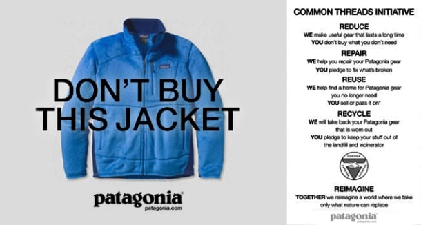 Blue jacket with "DON'T BUY THIS JACKET" text; Patagonia logo below. Text on right promotes the Common Threads Initiative for sustainability.