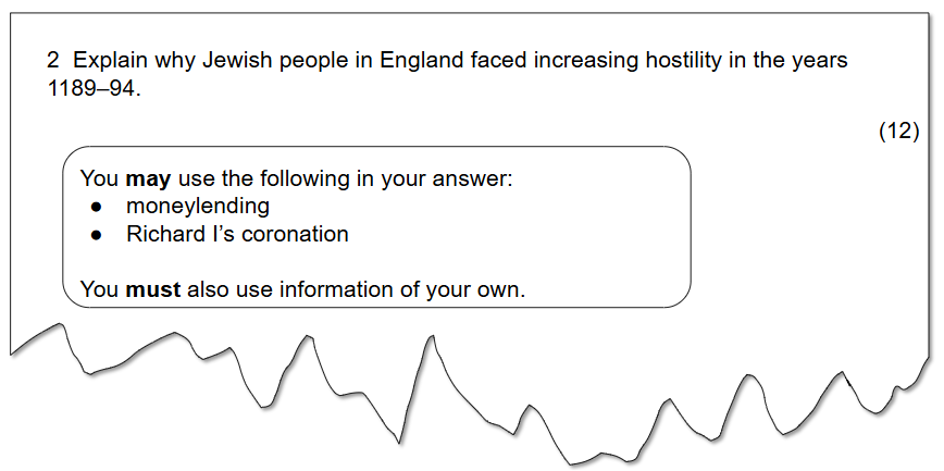 Exam question asks why Jewish people in England faced hostility between 1189-94, referencing moneylending and Richard I's coronation. Worth 12 marks.