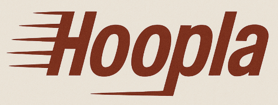 The word "Hoopla" in bold, brown italics with dynamic, speed lines extending left from the "H" on a light beige background.