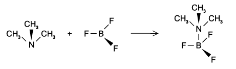 Chemical reaction diagram (option D) showing trimethylamine and boron trifluoride combining to form a complex. Arrows indicate the reaction direction.